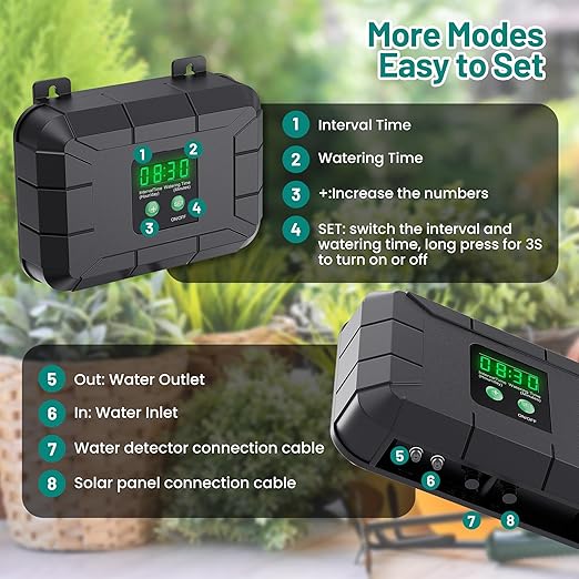 Biling Automatic Drip Irrigation Kit, 8W Solar Irrigation System with Battery for Garden with Digital Programmable Timing Modes, Solar Watering System Take Care Your Plants
