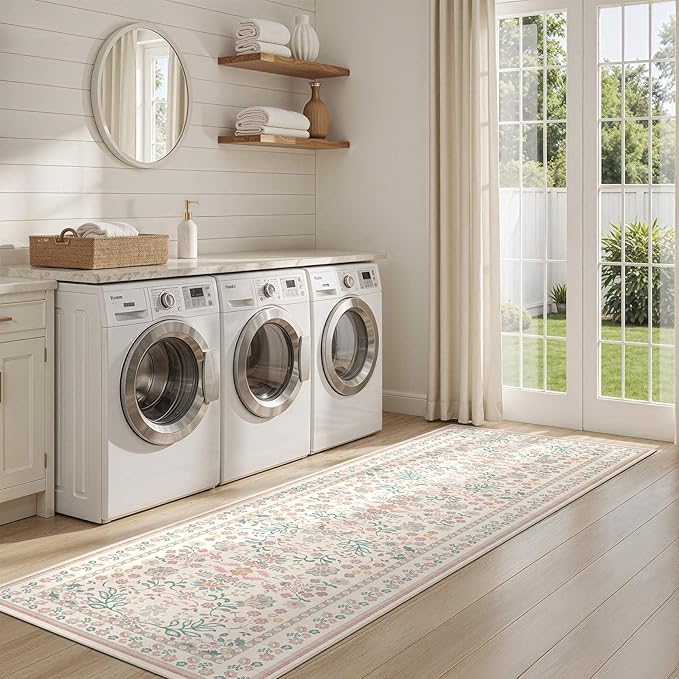 Runner Rug for Hallways Kitchen: 2x6 Washable Area Rug Boho Floral Soft Long Rug - Non-Slip Low Pile Throw Indoor Carpet for Entryway Kitchen Bedroom Laundry Bathroom - Pink