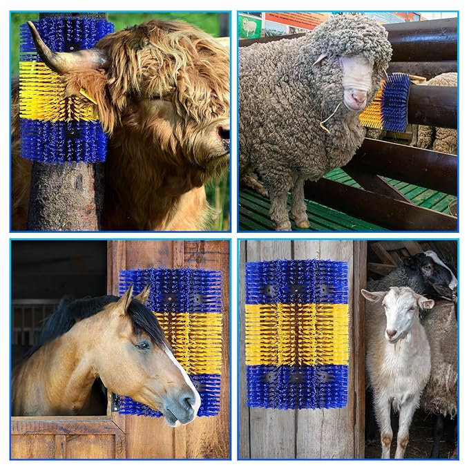 Extra Large Size Livestock Scratching Brush, Upgraded Horse/Goat/Cow/Cattle Scratcher Brush for Grooming, Itch Relief Horse Scratcher Brushes Kit with Two Sets of Mounting Screws(2-Pack,Yellow)