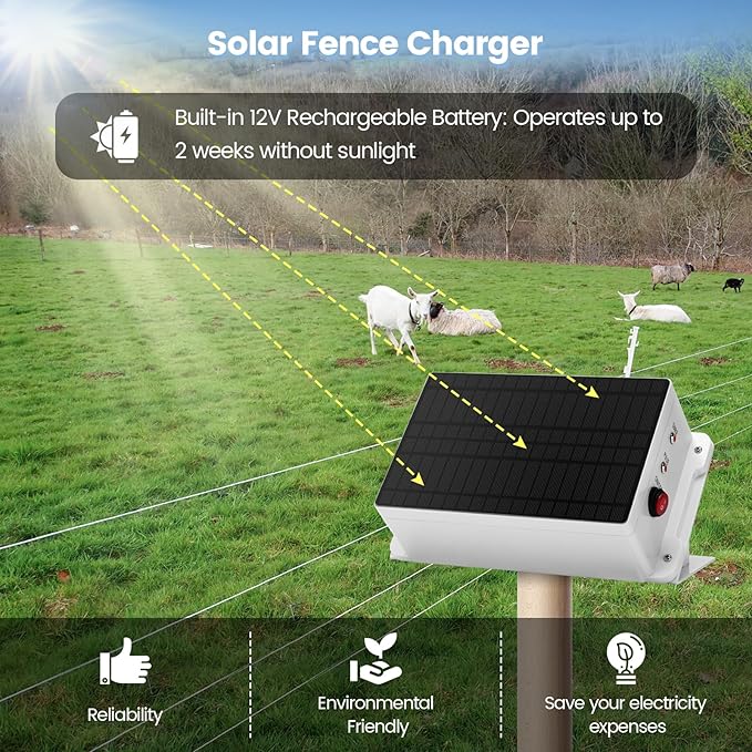 HEFC-03 Solar Fence Charger, Briidea 5.6 Miles Solar Electric Fence Charger, 0.2 Joules, IP66 Waterproof, Solar-Powered, Cost-Efficient, Prevents Predators, Ideal for Livestock & Gardens