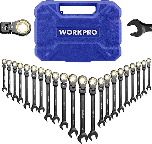 WORKPRO 22-piece Ratcheting Wrench Set with 180° Flex Head, Anti-Slip Tooth, Combination Wrench Sets with Organizer Box, Metric 6-18mm & SAE 1/4-3/4", Black Electrophoretic Coating