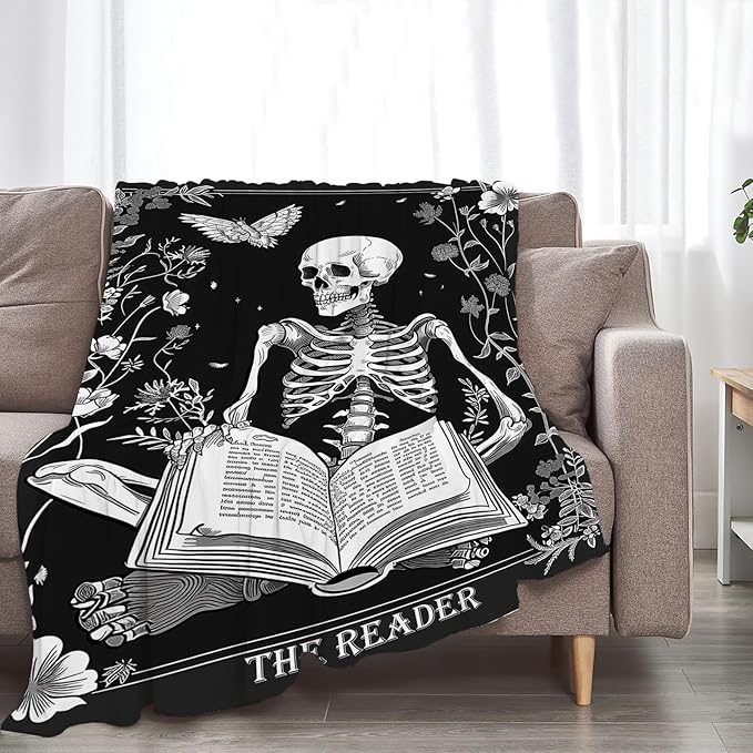 Reading Throw Blanket Ultra Soft Cozy Funny Skeleton Read Book Blanket Fleece Fuzzy Plush Skull Reading Lovers Reader Librarian Decor Gifts for Women Girls Adults Couch Sofa 60"x50"