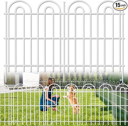 15 Panels Decorative Garden Fence, 32 in(H) X 30 ft(L) No Dig Dog Fence Outdoor for Yard, Rustproof Tall Metal Garden Fencing Animal Barrier with Ground Stakes, Temporary Fencing for Patio, White