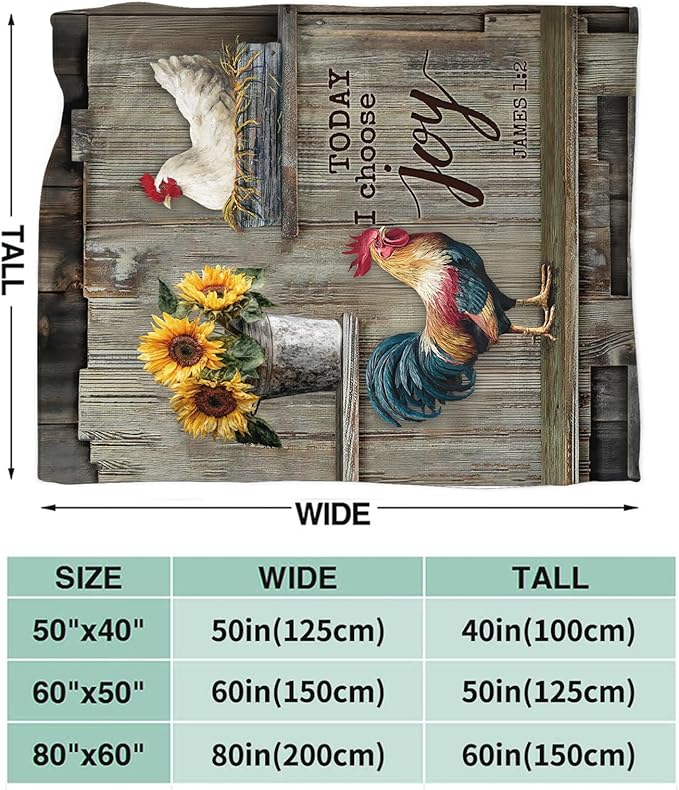 Dynova Rooster Blanket Cozy Plush Chicken Hen Throw Blankets Fuzzy Flannel Fleece Country Sunflower Gifts for Girls Boys Women Men 50"X40"