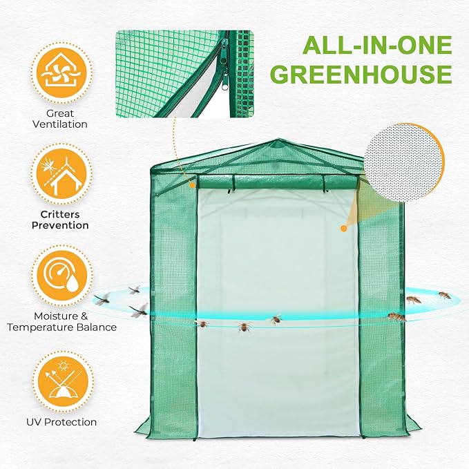 EAGLE PEAK 8x6 Portable Walk-in Greenhouse Instant Pop-up Indoor Outdoor Plant Gardening Green House Canopy with Dual Roll-up Zipper PE Door & Upgraded Screen Mesh Door, PE Cover, Green/Clear