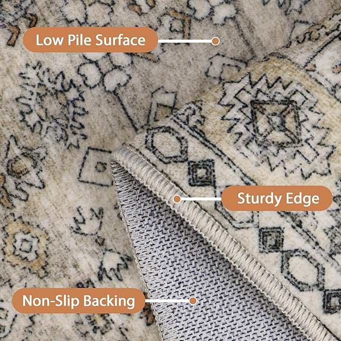 GENIMO Machine Washable 8x10 Area Rugs for Living Room, Non Slip Vintage Rugs, Low Pile Lightweight Chenille Print Rug for Bedroom, Dining Room, Home Office, Sandy Brown