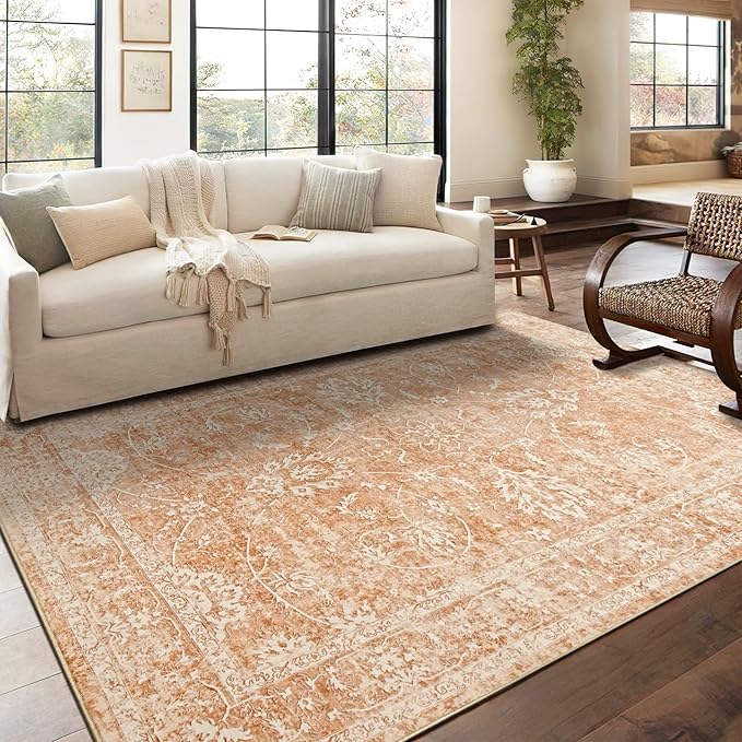 Madane Washable 6x9 Area Rugs for Living Room, Vintage Rug with Non-Slip Backing, Soft Stain Resistant Throw Rugs Thin Carpet for Bedroom Dining Room Farmhouse (6 x 9, Jasper Orange)