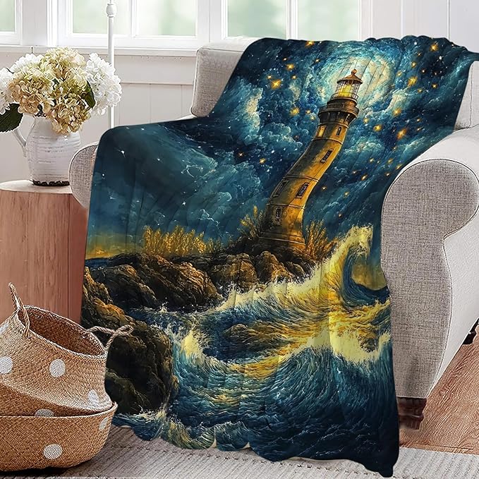 Lighthouse Blanket Coastal Lighthouse Starry Night Throw Blankets Gifts for Girls Boys Kids Soft Cozy Fleece Plush for Couch Sofa Bed 60"x50"