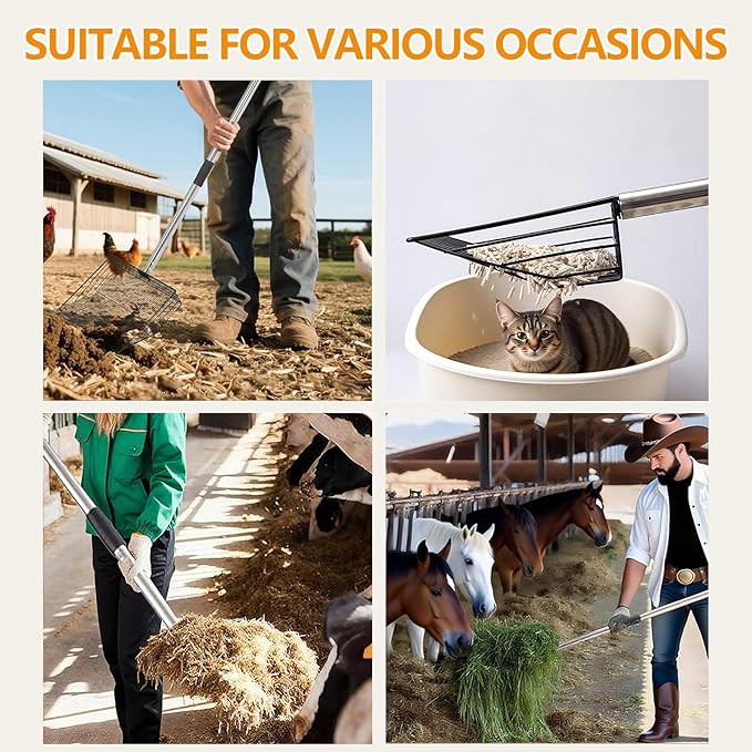 10 Inch Chicken Pooper Scooper & Sifting Shovel with 5-Stage Adjustable Handle (27" to 67"),Stainless Steel Handle, Litter Sifting Shovel for Chicken Coop, Farm, Sheep Pen, Cat Litter