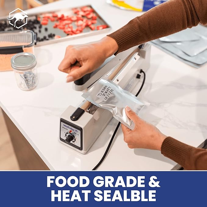 Wallaby 100ct Multi-Size Mylar Bags, 400cc Oxygen Absorbers, 10 Mil Thickness, 1-Gal 10x14, 1-Qt 8x12, 1/2-Pt 6x8, Heat-Sealable, Airtight, Flat, Silver, for Long-Term Food Storage.