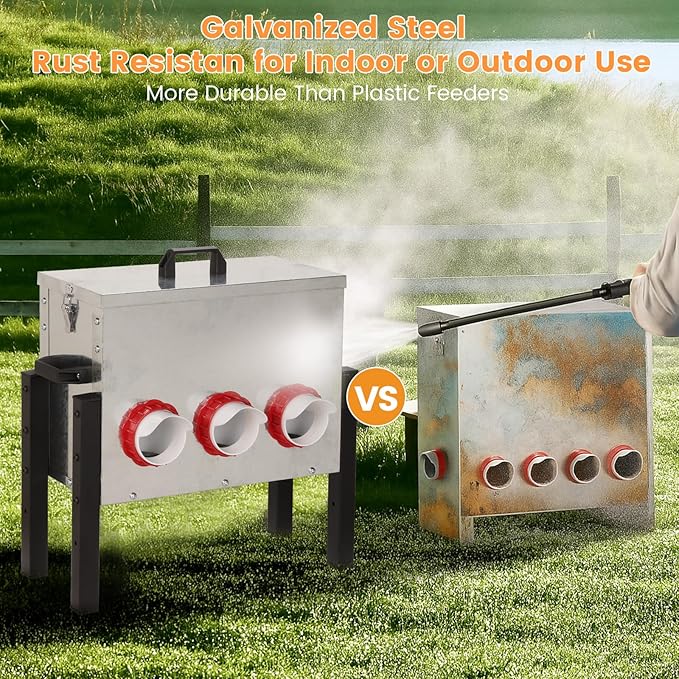 30LB Automatic Chicken Feeder with Cover – Large Capacity Metal Chicken Coop Feeder with 6 Feed Ports, Adjustable Legs Rainproof No Waste Outdoor Poultry Feeder for Hens & Free Range Flocks