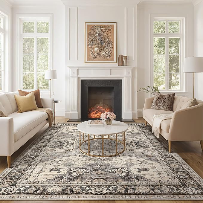 Area Rug for Living Room - 6x9 Soft Machine Washable Oriental Vintage Floral Distressed Large Indoor Floor Carpet for Bedroom Under Dining Table Home Office Decor - Brown