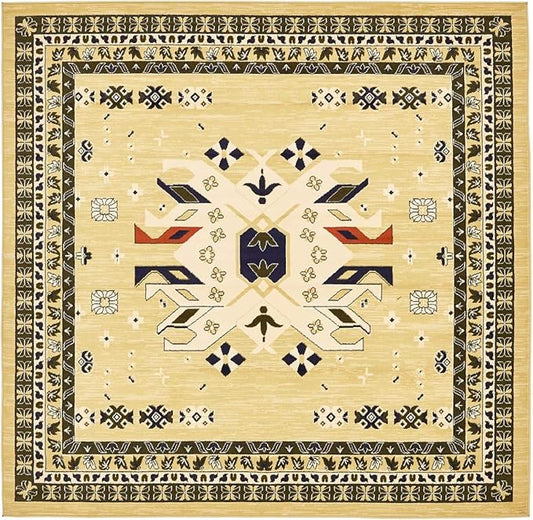 Unique Loom Taftan Collection Border Geometric Tribal Inspired Design Area Rug (8' 0 x 8' 0 Square, Gold/ Gray)