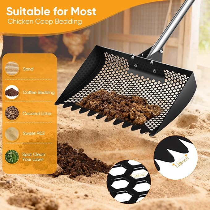 12inch Chicken Poop Scooper & Rake 2-in-1, Heavy Duty Metal Chicken Coop Scoop for Sand with Ergonomic Grip, Adjustable Angle Stainless Steel Chicken Coop Rake Litter Sifting Shovel (37-64")