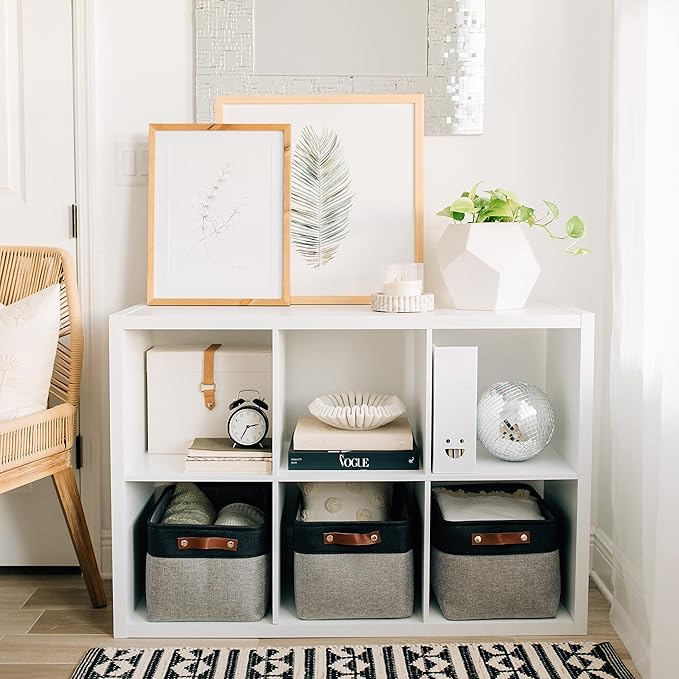 OrganiHaus Large Fabric Storage Baskets for Shelves 3 Pack, 15x11in Closet Storage Bins for Shelves, Canvas Baskets for Organizing, Linen Closet Organizers, Cloth Basket, Gray/Black