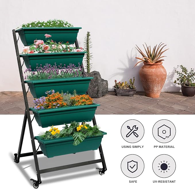 Vertical Raised Garden Bed, Freestanding Elevated Planter with Drain Holes, 5 Tier Planter Box Container Gardening Outdoor Indoor Gift for Flowers Vegetable Seeds Patio Balcony Greenhouse, Green