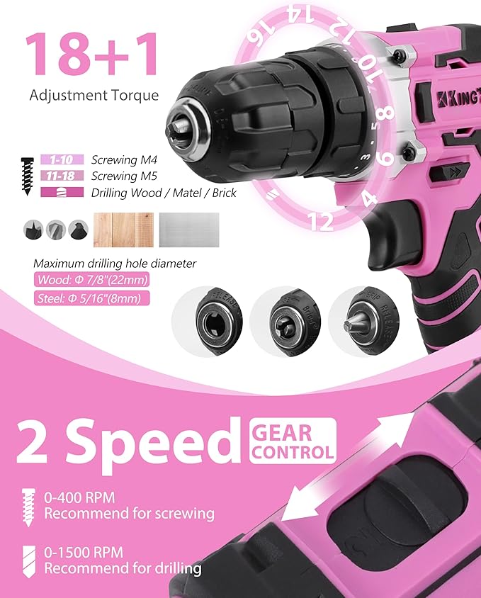 KingTool 267-Piece Tool Kit Set - Pink Tool Set with 21V Crodless Pink Power Drill Driver, Tool kit for Women with Pink Tool Storage Bag, Womens Tool Kit for House, Perfect for Home DIY Projects