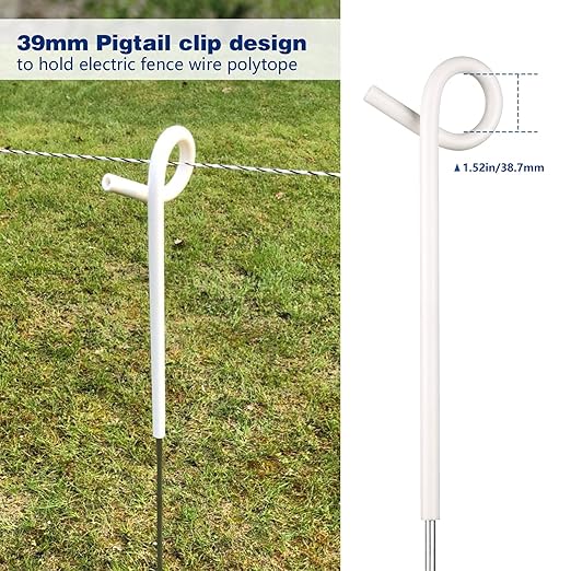 Fence Shock 41 Inches Systems Pig Tail Step-in Fence Post, Stainless Steel for Garden and Farm, Portable Fence Ideal for Electric Fencing - Pack of 30 White