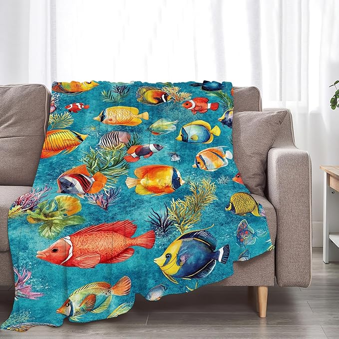 Tropical Fish Blanket Gifts for Girls Boys Soft Warm Plush Sea Ocean Fish Throw Blanket Flannel Fleece Fuzzy Colorful Fishing Blanket for Kids Lover Bed Couch Living Room Decor 80"X60"