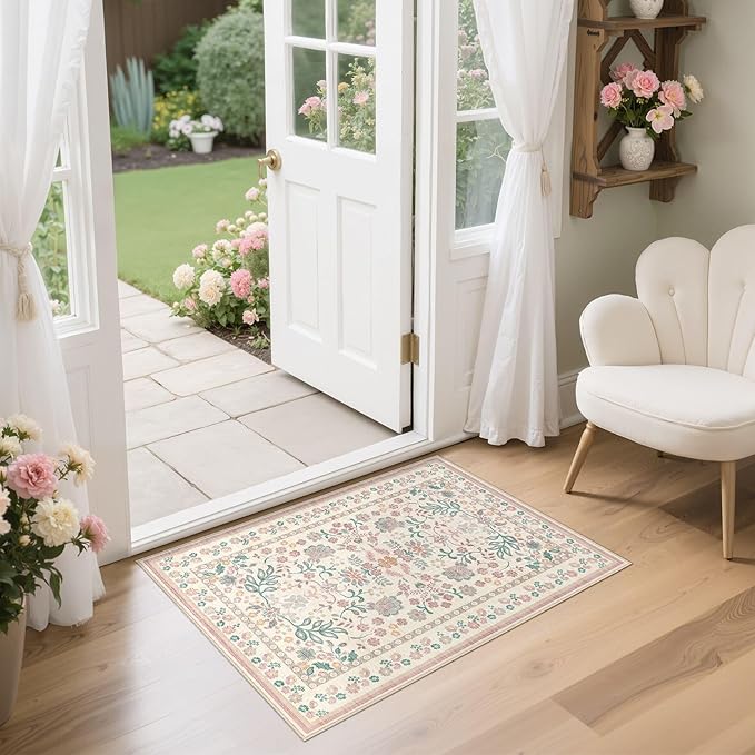 Door Mat Entrance Rug: 2x3 Washable Area Rug Boho Floral Small Rug - Non-Slip Low Pile Throw Indoor Carpet for Entryway Kitchen Front Door Bathroom Entry Kids Room - Pink