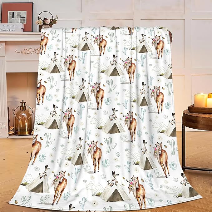 Horse Blanket Rustic Boho Horse Lover Throw Blanket Super Soft Plush Warm Fleece Flannel Western Cactus Decor Gifts for Baby Kids Girls Women Boys for Sofa Couch Bed 40"X50"