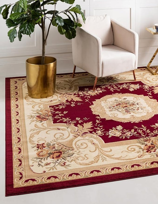 Unique Loom Versailles Collection Traditional Classic Floral Motif Area Rug (5' 0 x 5' 0 Square, Burgundy/Ivory)