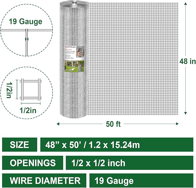 HOPERAN Hardware Cloth 1/2 Inch 48 x 50 ft - 19 Gauge Chicken Wire Fencing, Galvanized Wire Mesh Roll, Welded Wire Fence, Chicken Coop Wire Fence Gopher Wire Rabbit Wire Poultry Netting Cage