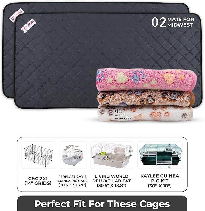 Bunny Cage Mats, 5 Pcs, Fit Midwest, Absorbs Moisture & Odors, Soft Guinea Pig Blankets, Comfortable Fleece Cage Liners, Washable Rabbit Bedding