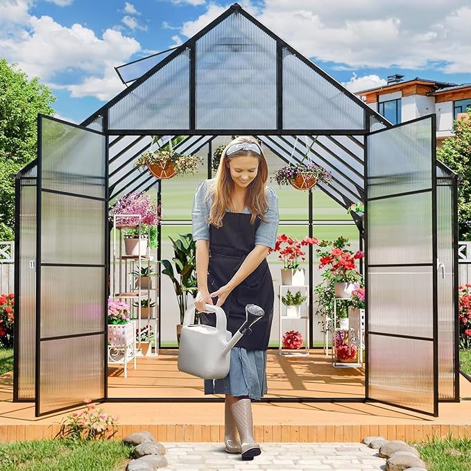 10x16 FT Greenhouse for Outdoor, Large Easy Assembly Heavy Duty Polycarbonate Panels Aluminum Frame Walk-in Green House with 3 Windows Wider Door for Garden Plants