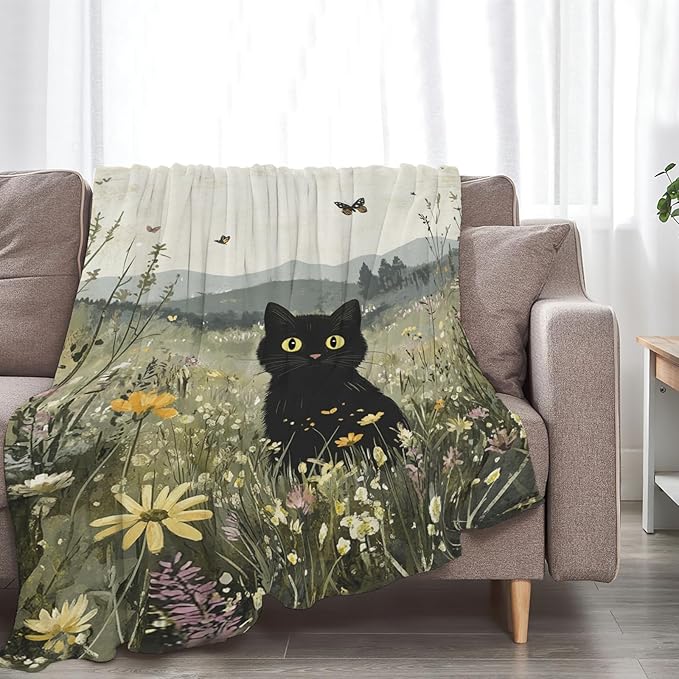 Black Cat Blanket Floral Wildflower Kitten Throw Blankets Gifts for Girls Boys Kids Cat Lover Soft Cozy Fleece Plush for Couch Sofa Bed 80"x60"