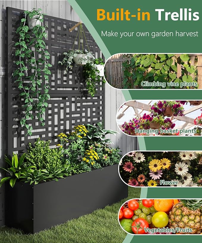 Metal Planter Box with Trellis,70.9"x47.2"x15.7" Raised Garden Bed with Drainage Holes, Privacy Planters for Outdoor Garden Bed for Climbing Plants,Vegetables,and Vines,2PCS,Black-Modular