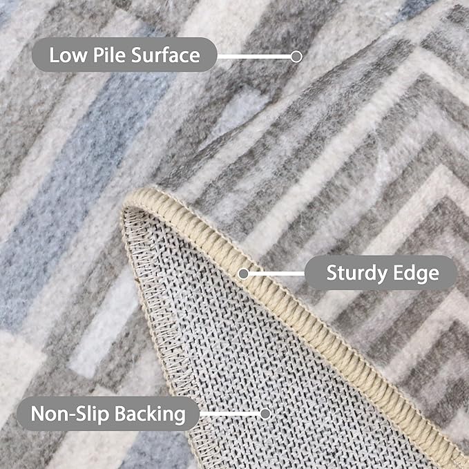 GENIMO Machine Washable 5x7 Area Rugs for Living Room, Non Slip Vintage Rugs, Low Pile Lightweight Chenille Print Rug for Bedroom, Dining Room, Home Office, Silver Gray