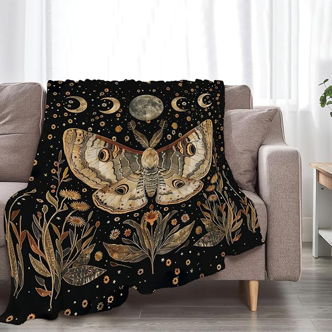 Moth Moon Blanket Witchy Vintage Butterfly Sunflower Decor Throw Blanket Comfy Plush Flannel Fleece Warm Soft Fuzzy Blanket Gothic Gifts for Girls Boys Women Teens for Room Bed Sofa Couch 50"X60"