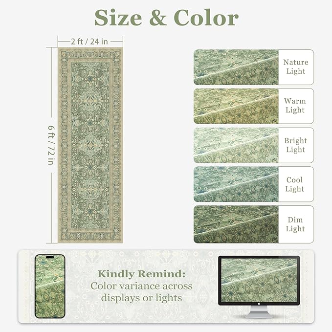 Sage Green Boho Hallway Runner 2x6, Low Pile Thin Entryway Runner 6ft, Kitchen Runner Rugs Non Skid Washable for Laundry Room Bedside Bathroom, Floral Moroccan Pattern with Opal Colors