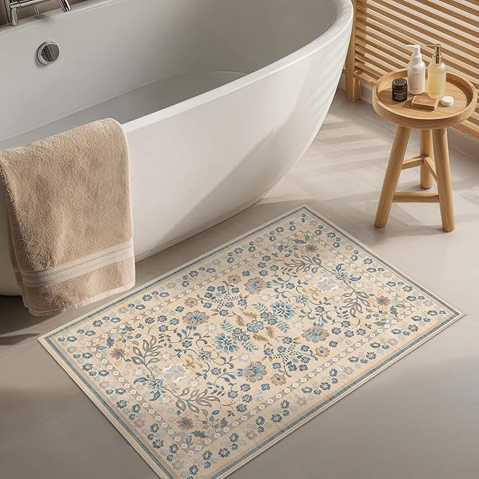 Door Mat Entrance Rug: 2x3 Washable Area Rug Boho Floral Small Rug - Non-Slip Low Pile Throw Indoor Carpet for Entryway Kitchen Front Door Bathroom Entry Kids Room - Multi Color
