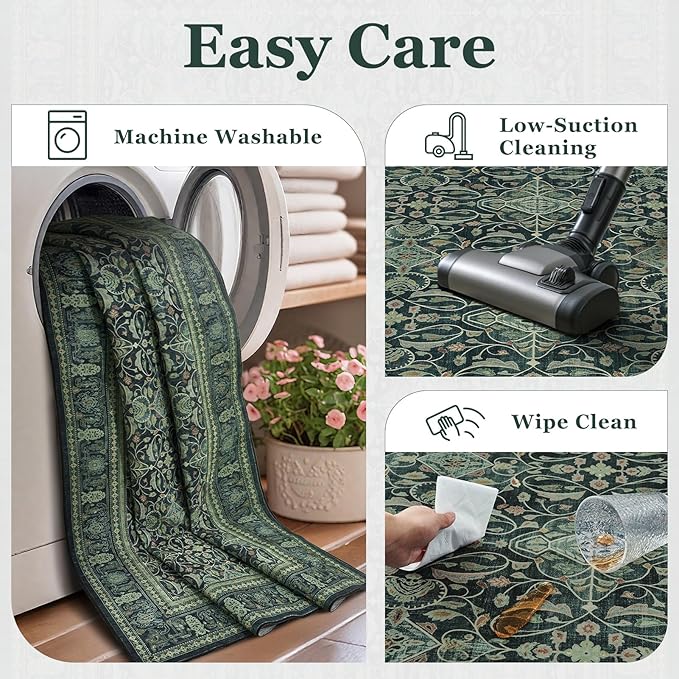 Dark Green Rug Runners for Hallways 2x6, Vintage Boho Entry Rug with Floral Moroccan Pattern Printed for Kitchen Bathroom, Washable Non Slip Runner Low Pile Thin for Laundry Room Bedside