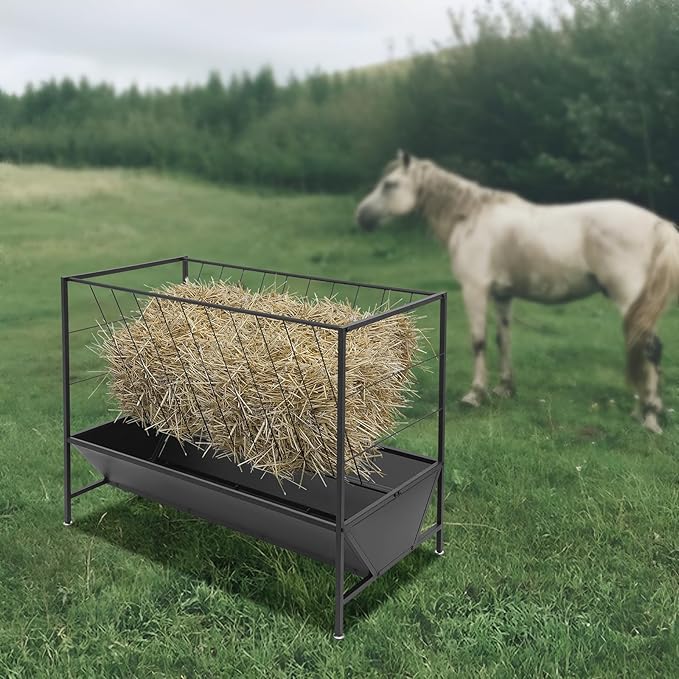 Pasture Hay Feeder with 24 Gallon Feed Pan，Black Powder Coated Surface Steel Livestock Feeder， Duty 2-in-1 Livestock Feeder，Feeding Goats, Calves, Cow, Horse for Farms