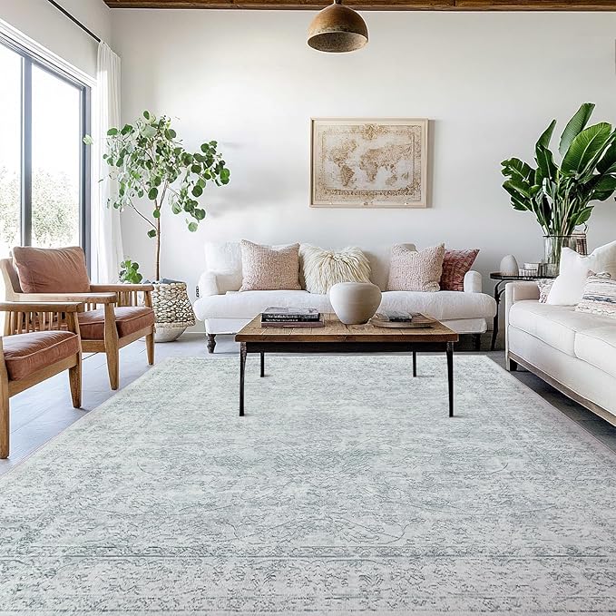 Madane 9x12 Area Rugs for Living Room, Machine Washable Rug with Anti-Slip Backing, Soft Vintage Large Area Rug, Floral Print Floor Carpet for Bedroom Dining Room (9 x 12, Light Grey)