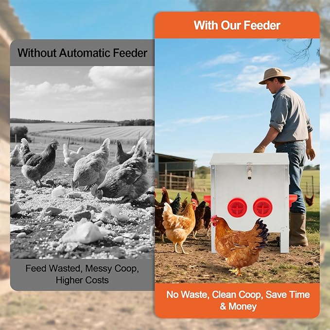Automatic Chicken Feeder 25lbs, Galvanized Metal Chicken Food Dispenser, Rainproof & Rodent Proof No Waste Poultry Feeder for Backyard Coop, Farm, Ducks & Hens (4 Ports)