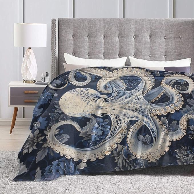 Octopus Blanket Ocean Throw Blanket Soft Warm Cozy Fuzzy Plush Marine Nautical Throw Blanket Gifts for Girls Women Octopus Fleece Flannel Gift Blankets for Kids Adults 60"X80"