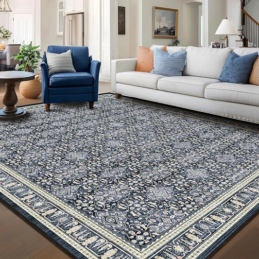 Dark Blue 8x10 Area Rugs for Living Room, Transitional Classic Boho Floral Moroccan Trellis Printed Carpet Rug for Bedroom Dining Room, Low Pile Thin Washable Non Slip Room Rug for Office