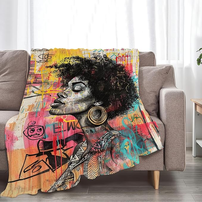 African American Blanket Gifts for Girls Women Soft Warm Plush Black Girl Woman Throw Blanket Flannel Fleece Fuzzy Banksy Stuff Blanket for Bed Couch Living Room Decor 50"X40"