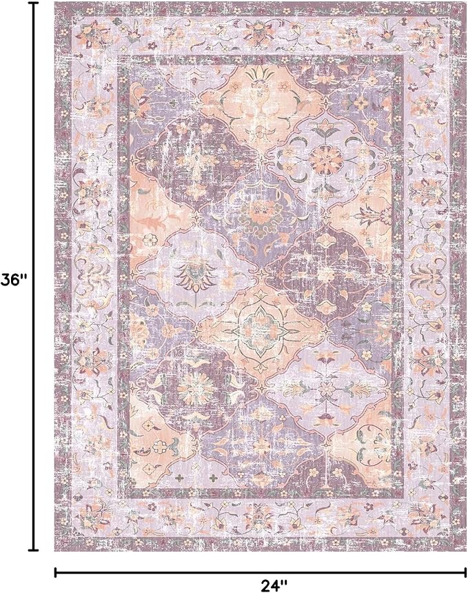 Washable Boho Vintage Area Rugs 2×3 Non-Slip Traditional Mauve Purple Area Rug Doormat for Bathroom Kitchen Entryway