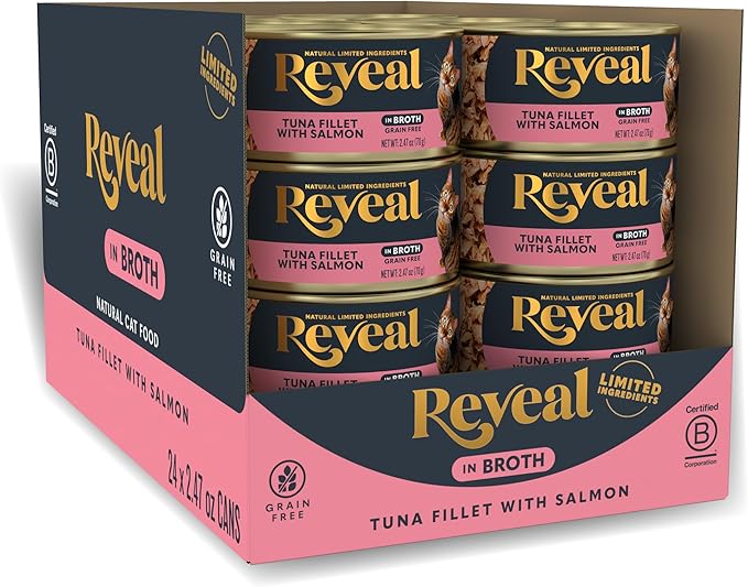 Reveal Natural Wet Canned Cat Food, Limited and Natural Ingredients, Grain Free, High Protein with No Artificial Additives, Tuna Fillet with Salmon in Broth (24 x 2.47 oz Cans)
