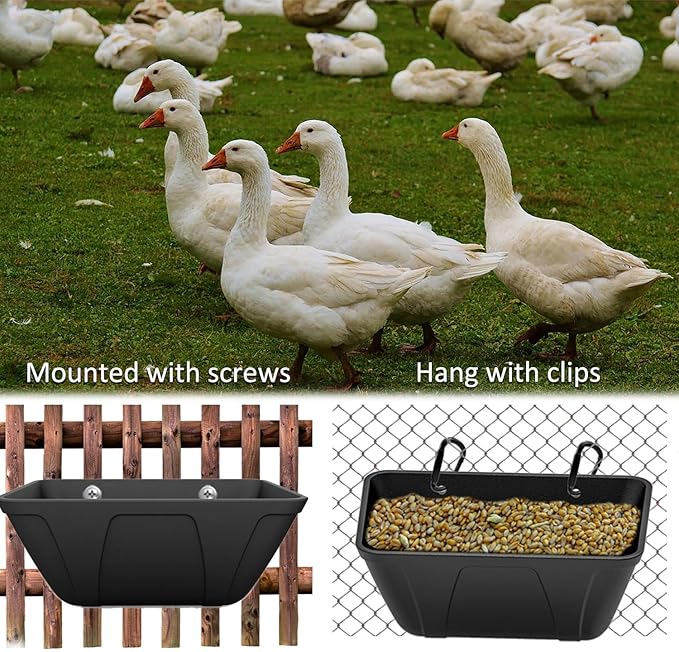 Chicken Feeder Hanging Feed Trough Waterer Bucket for Duck Goose Goat Sheep Dog Poultry & Small Livestock in Coop & Farm Goat Supplies Feeder (4, Black)