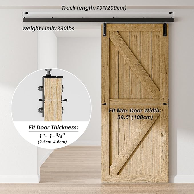 CCJH 6.6FT/79'' Box Rail Sliding Barn Door Hardware Kit Alloy Steel Wall Mount for Single Door,Smooth and Heavy Duty