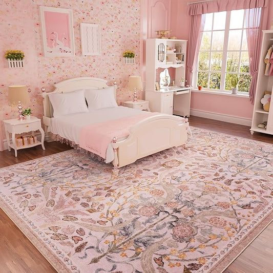 AMTOVO 5x7 Washable Area Rugs for Living Room, Vintage Boho Floral Distressed Print Non-Slip Carpet, Soft Colorful Accent Rug for Bedroom Girls Room Indoor Nursery Dining Room Playroom Farmhouse, Pink