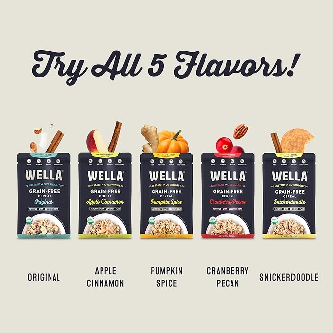 Wella Hot Cereal Oatmeal Alternative, Gluten-Free Breakfast, Grain-Free Paleo Organic Vegan, Protein, Fiber, Variety Pack (5 Count, 1.6 oz. Packets)