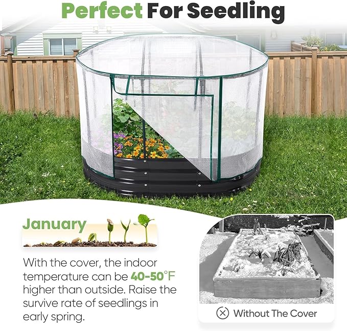 KING BIRD Raised Garden Bed with Cover Galvanized Oval Planter Garden Box Outdoor for Gardening, Vegetables, Flowers White 4x3x1 ft