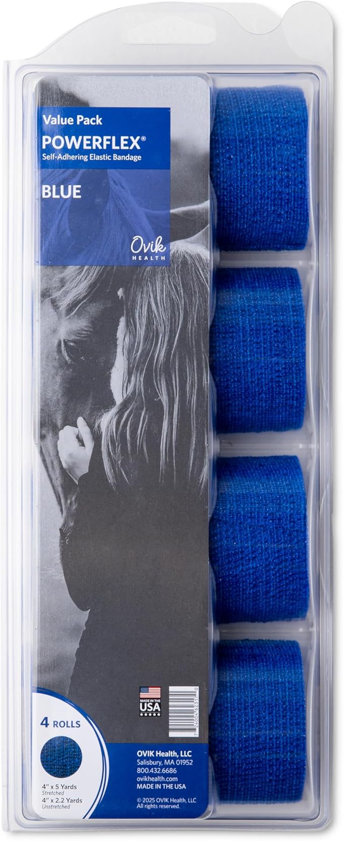 PowerFlex Equine – Extra Strong Self-Adhering Bandage Wrap – Wound Care, Compression & Support Bandage for Horses, Cows & Dogs – Blue, 4 inch, 4 Rolls (Resealable Case)